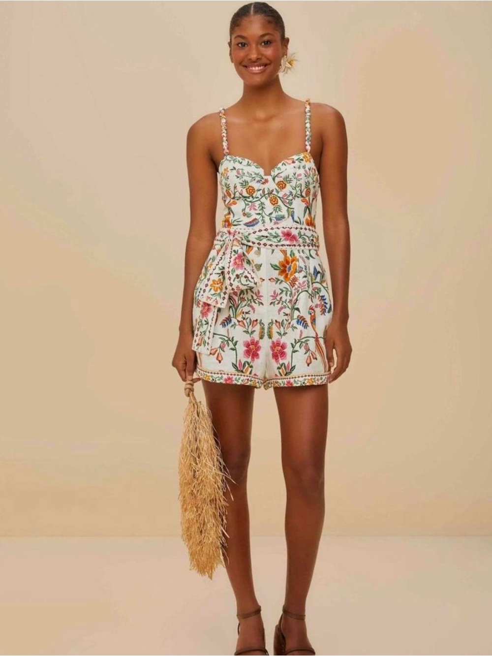 White Floral Embroidered Romper with Spaghetti Straps